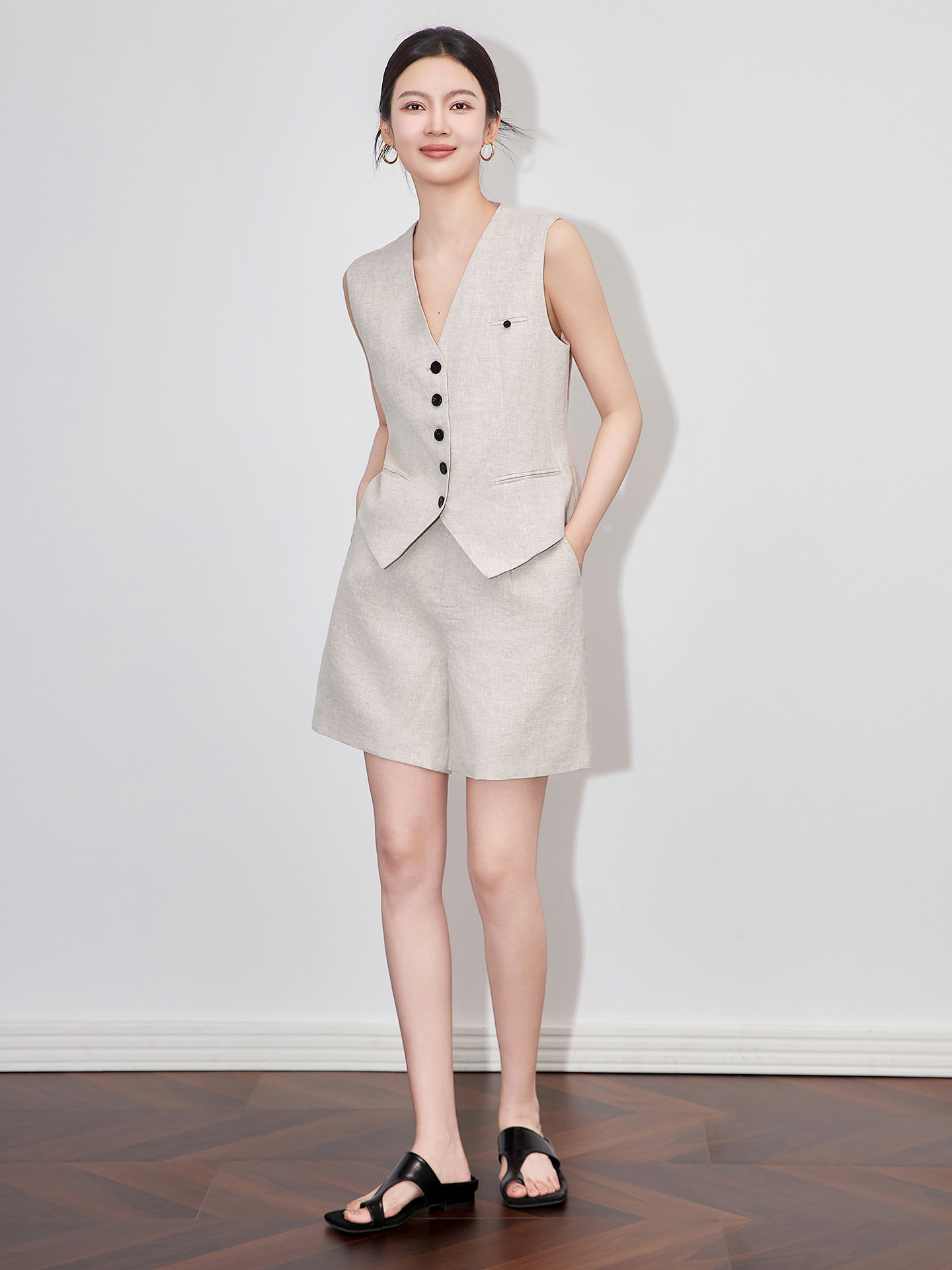 Bộ vest nữ cổ chữ V hai mảnh vải lanh đi làm mùa hè — Màu mơ