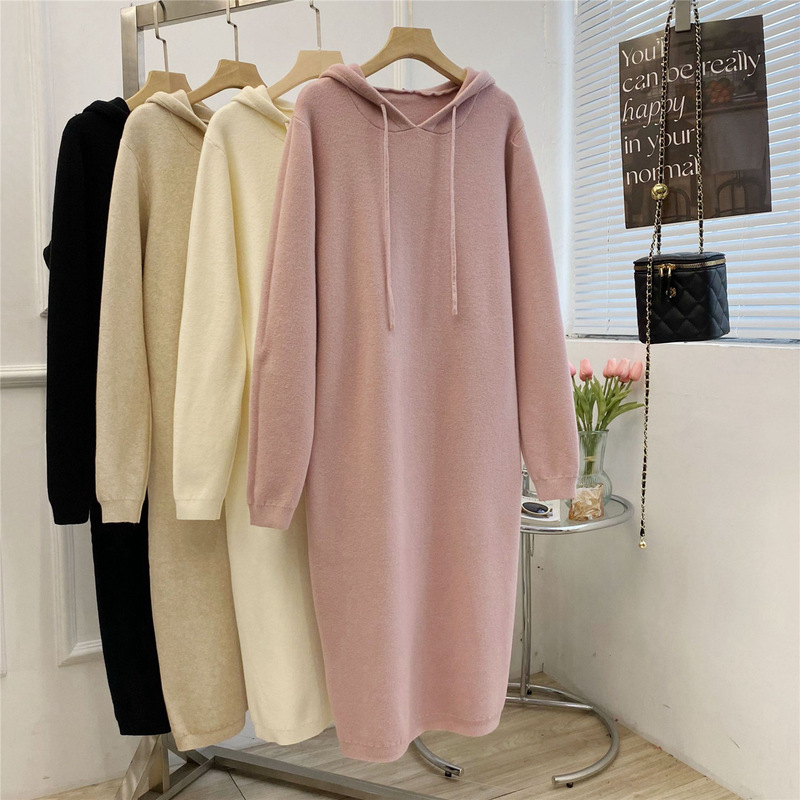 French Style Gentle Hooded Straight Knitted dress Women's Autumn and Winter Long Loose Coat with Over-the-Knee Long Skirt