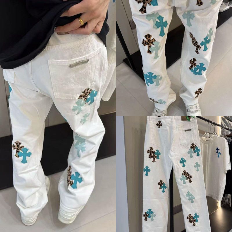 2025 Cro White Straight-Leg Cross Loose Jeans Trendy American High Street Unisex Washed Long Pants