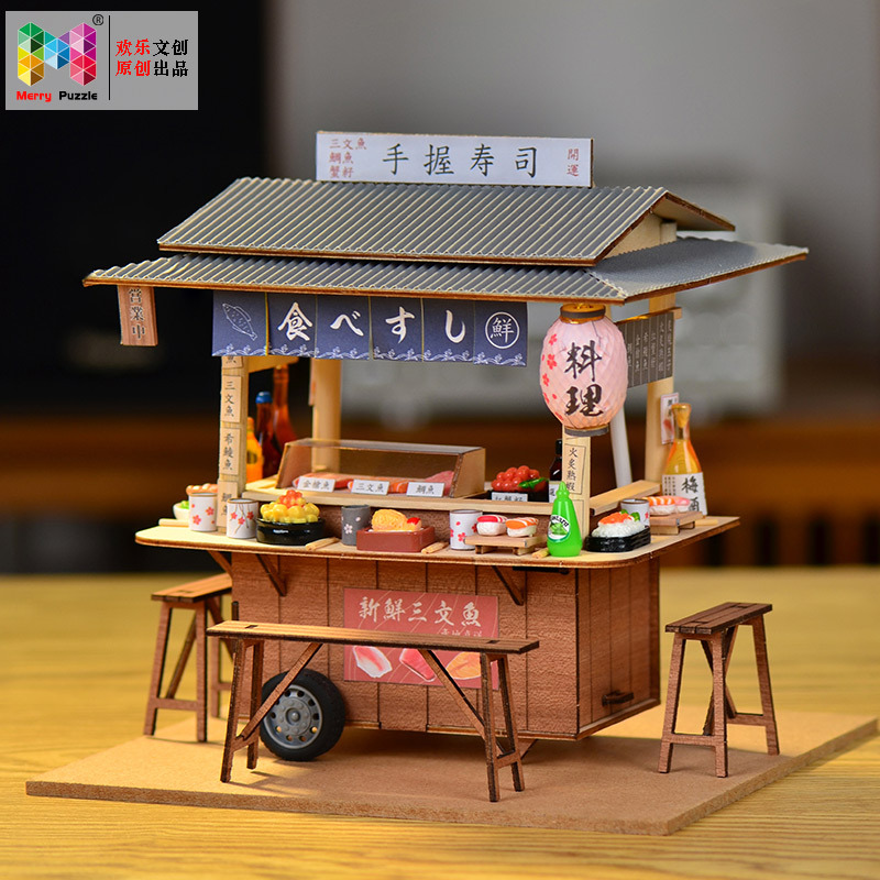 Bricolaje hecho a mano de madera comida y juego escena casa de muñecas accesorios Tienda de sushi japonés coche muñeca