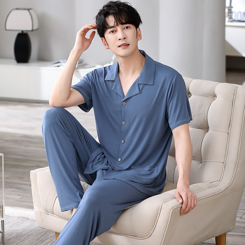 남성 잠옷 여름 모달 반팔 바지 정장 여름 청소년 카디건 남성 홈웨어 외부 착용 가능