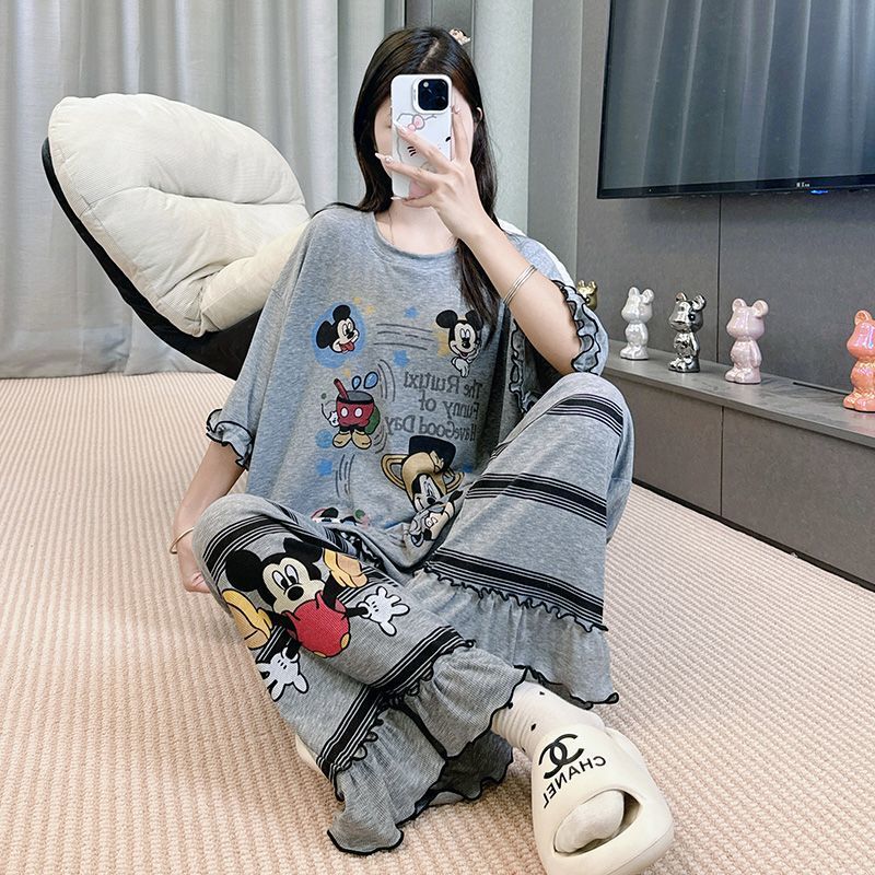 2025 新しい夏のモーダルパジャマ女性の半袖ズボンスーツ漫画ルーズ夏は家の服の外で着用できます|undefined