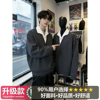 秋季复古美式小众设计双层领撞色假两件长袖个性高质感极简卫衣男