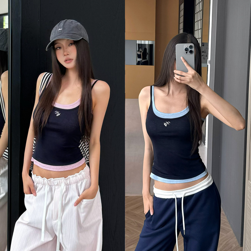 Merino Wool Tencel Two-Piece Set with Unique Embroidery, Sporty Hot Girl Top, Short Slim-Fit Internet Celebrity Tank Top Merino Wool Tencel Two-Piece Set with Unique Embroidery, Sporty Hot Girl Top, Short Slim-Fit Internet Celebrity Tank Top