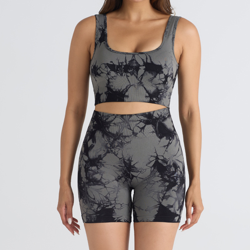 Nuevo traje de yoga de secado rápido de cadera deportivo de cintura alta sin costuras europeo y americano de tres piezas pantalones de yoga de teñido ajustado para mujer