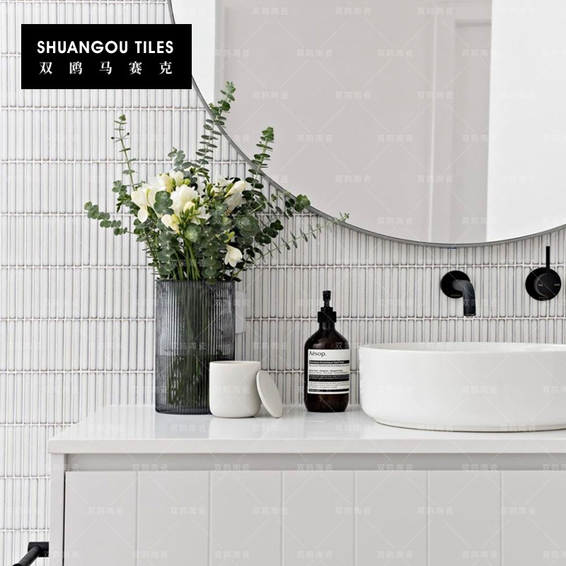 Simple Long Strip Mosaic Tiles for Bathroom, Kiln-Fired Ceramic Chopstick Tiles, Blue-Green Background Wall Interior Wall Tiles