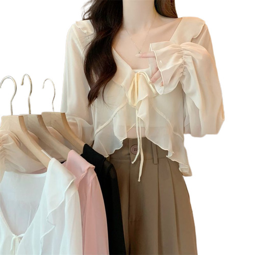 Lace tie sweet spicy design breathable sundress style open jacket women apricot color thin cover-up versatile small top