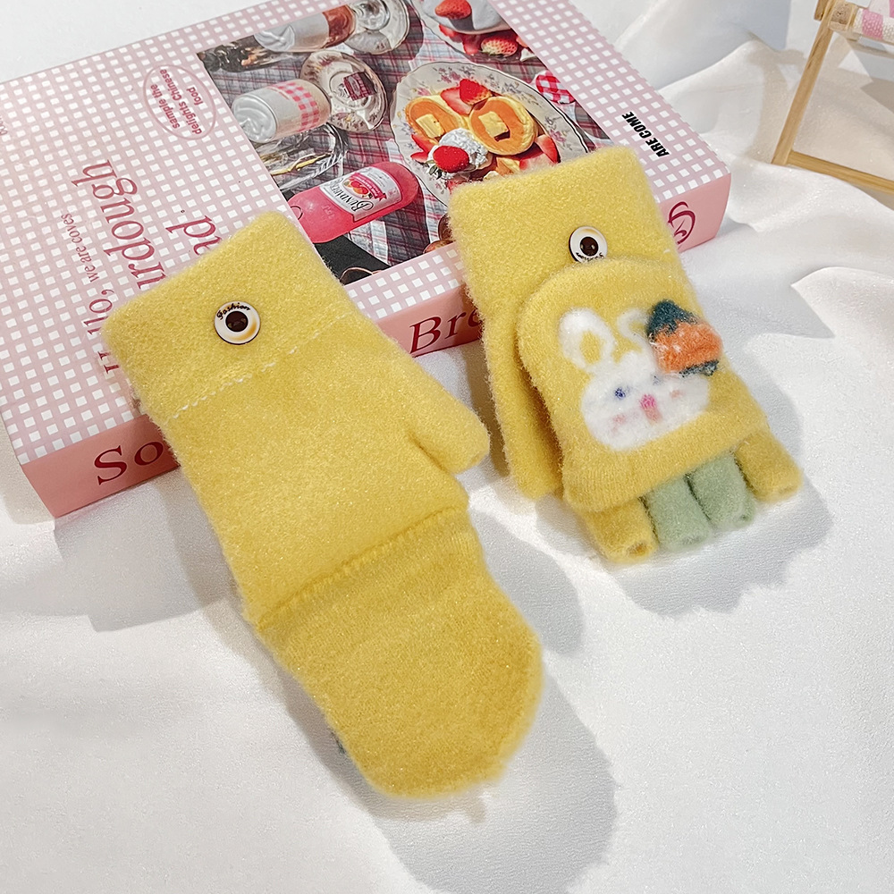 Niños guantes de conejo de orejas largas lindos y cálidos, cinco dedos, escritura de punto a prueba de frío y viento, guantes para niñas