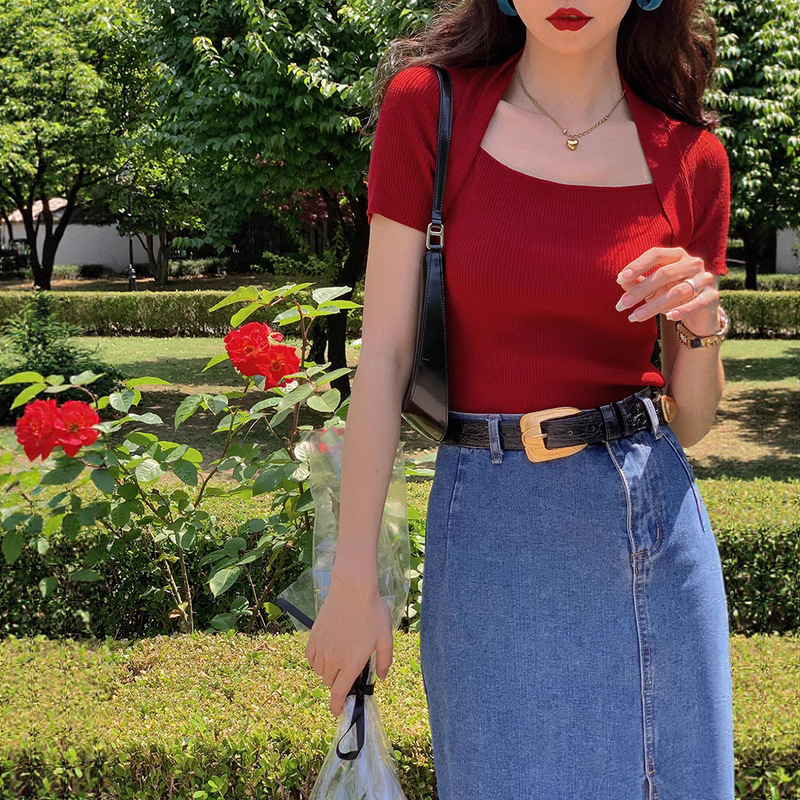 Vintage Knit Short Sleeve T-Shirt for Women, Slim Fit, Thin Summer Top