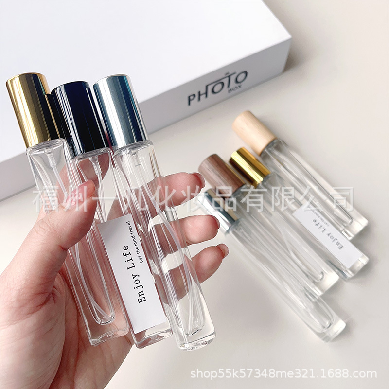 香水分装瓶10毫升ML喷雾瓶透明玻璃木盖金属盖圆柱方形螺口香水瓶