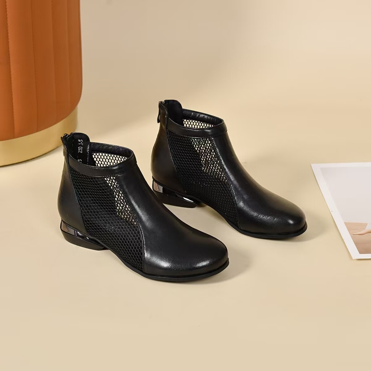 Sandal nữ mũi tròn lưới da thật gót thô đế mềm thoáng khí — màu nâu chi tiết 8