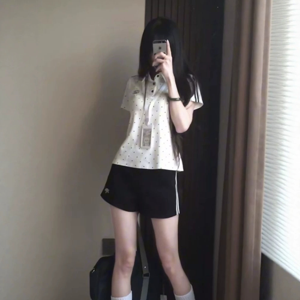 体操服上衣夏季2026波点POLO衫刺绣显瘦套头短袖休闲风短裤套装