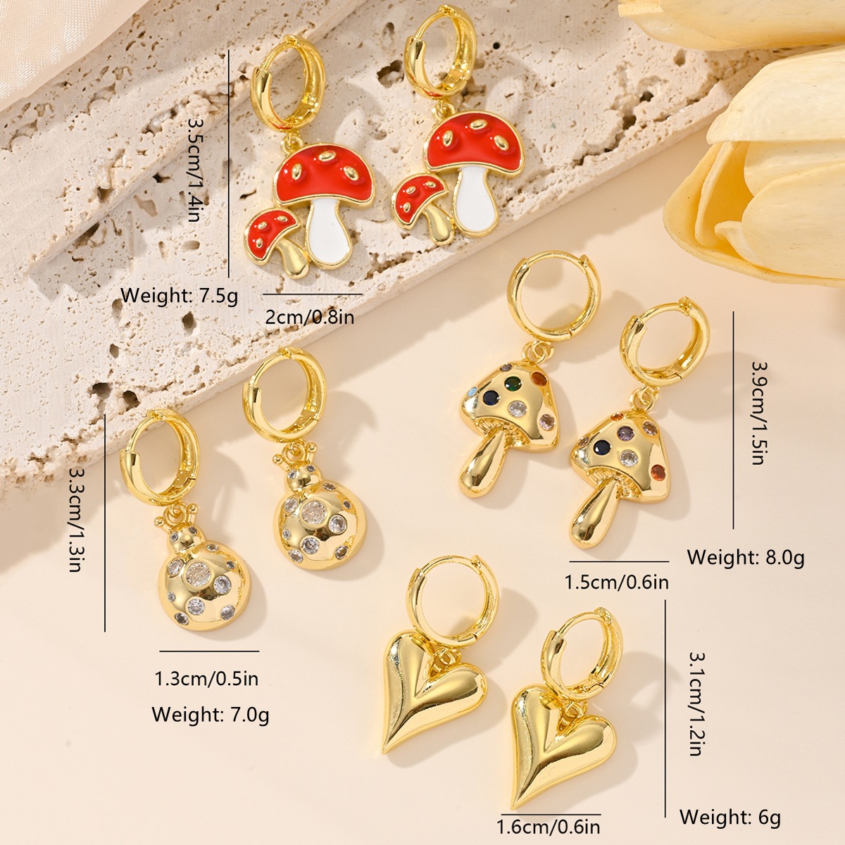11g Weight Copper Ear Needle Material 1 Pair Simple Style IG Style Insect Heart Shape Mushroom Enamel Inlay Copper Zircon Drop Earrings