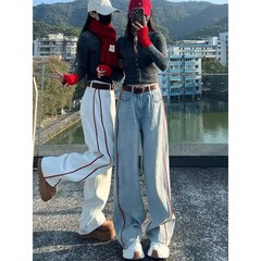 明るいカジュアルジーンズの女性2025春の新しいゆるいワイドパンツの縞模様が痩せているストレートパンツ