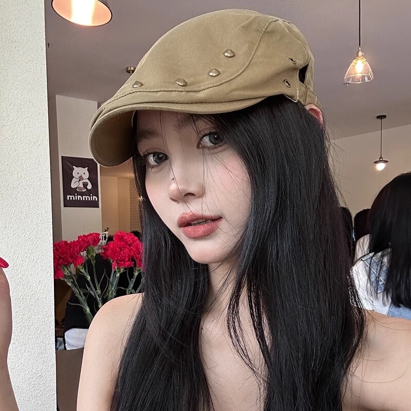 复古亚文化朋克铆钉前进帽女秋冬季薄黑色鸭舌贝雷帽显脸小报童帽|undefined