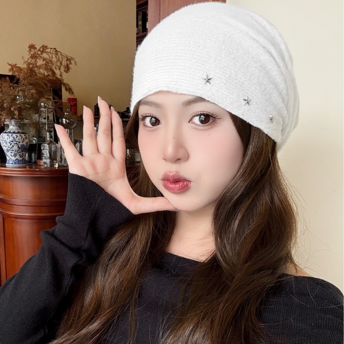 Autumn Winter Knitted Plush Hat For Men And Women, Warm Star Headwrap, Face Slimming Cold Hat, Ear Protection Slouchy_voghion.com
