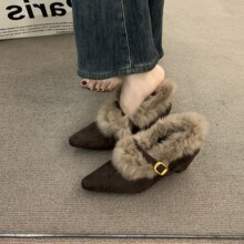 绒面内增高复古加绒尖头兔毛棉鞋女2025冬新款玛丽珍鞋高跟毛毛鞋