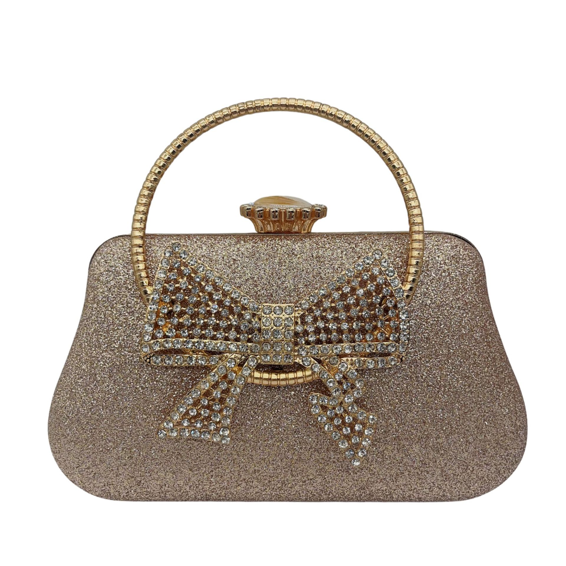 Túi clutch nữ dự tiệc da đơn giản tay cầm nơ — Màu đen, Màu bạc, Màu vàng nhạt, Màu Sâm panh chi tiết 5