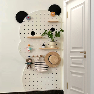 ✅ Solid Wood Panda Perforated Board with Dressing Mirror Integrated Full-Body Custom Iwood Cartoon Storage Rack