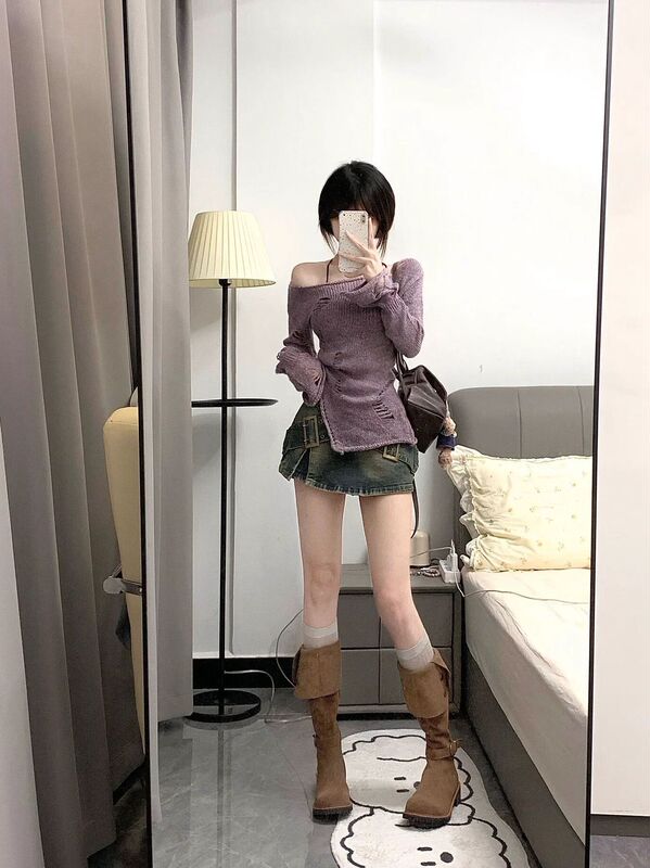 镂空针织衫紫色上衣女2025早秋新款罩衫不规则一字肩内搭打底衫潮|undefined