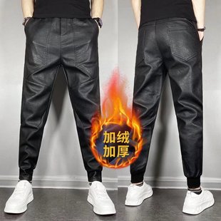 Men's fleece-lined Thickened Warm Leather Pants Motorcycle Windproof Waterproof PU Leather Pants Stretch Casual Warm Leg Pants