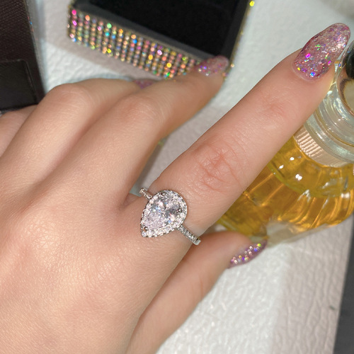 Versa foreign trade luxury water drop zirconium Seiko surrounded by plated 18K white ring bridal wedding bright ring