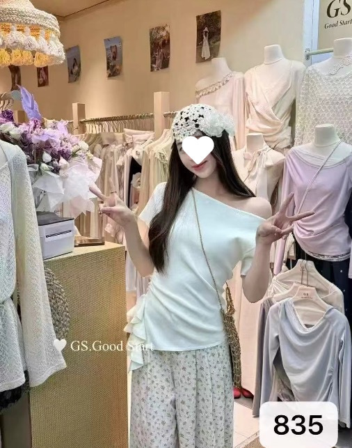 2025新款斜肩装春夏荷叶飘带不规则褶皱收腰设计感针织衫时尚修身|undefined