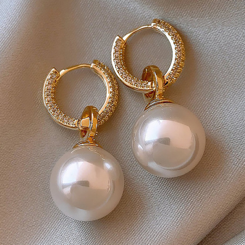 Copper Micro-Set Zirconia Round Large Pearl Earrings for Women, Fashionable and Elegant, Zirconia Micro-Set Ear Drops, Unique and Trendy
