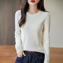 跨境2025秋冬新款圆领纯棉线针织衫长袖套头打底衫上衣毛衣女冬