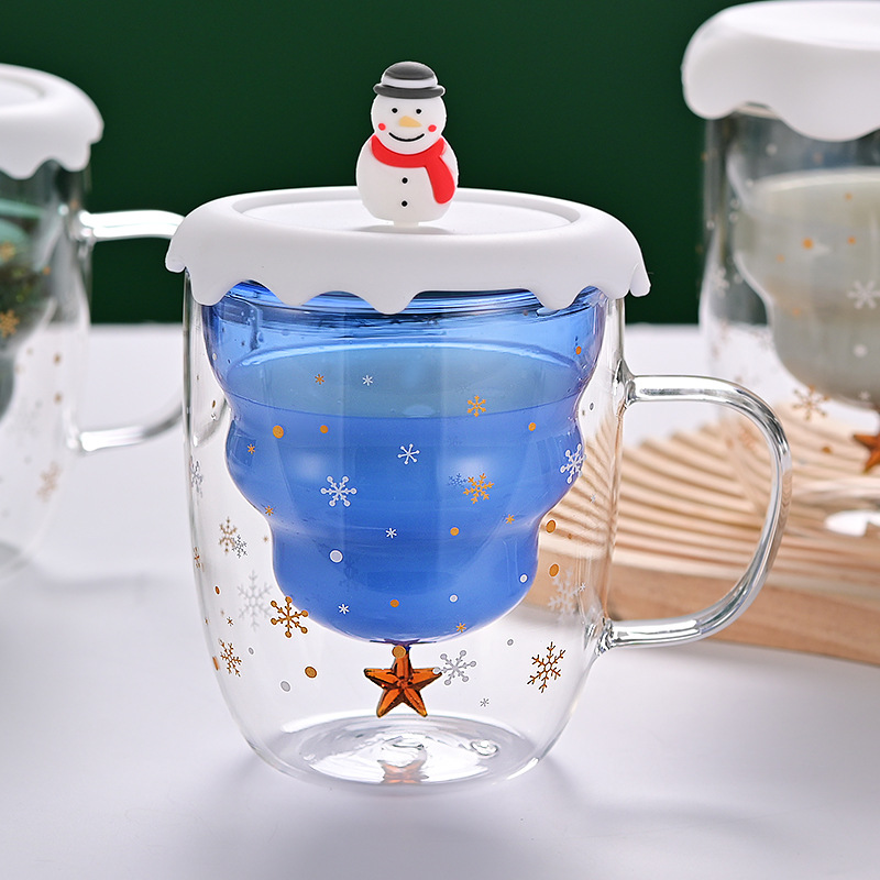 Nueva fábrica de vidrio de Navidad al por mayor de vidrio aislante de doble capa con tapa de vidrio de café rojo neto de alta apariencia