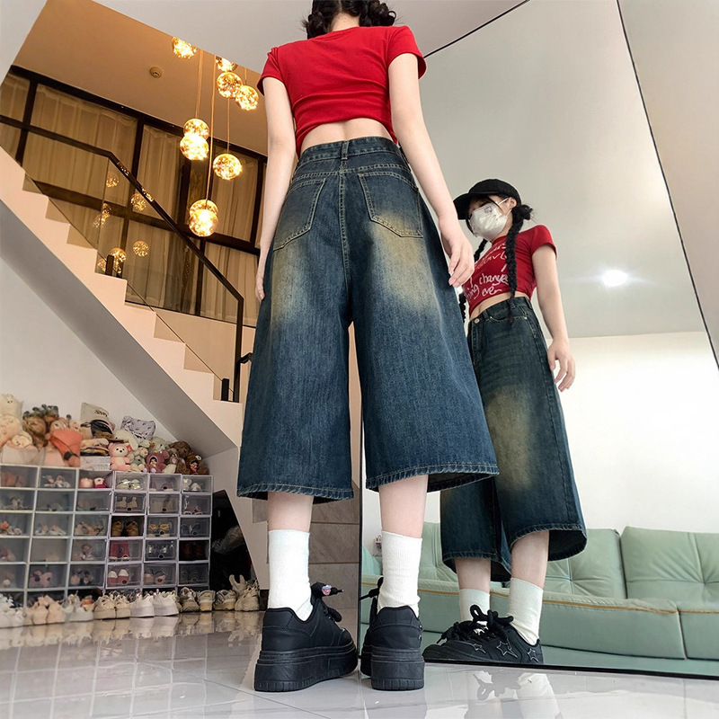 American High Street Retro Wide-Leg Cropped Denim Shorts for Women, Autumn High-Waisted Plus-Size Slimming Loose Straight Shorts