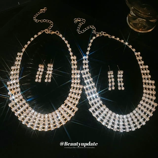 超闪镶钻方形耳环项链套装欧美小众时尚锁骨链轻奢高级感气质饰品