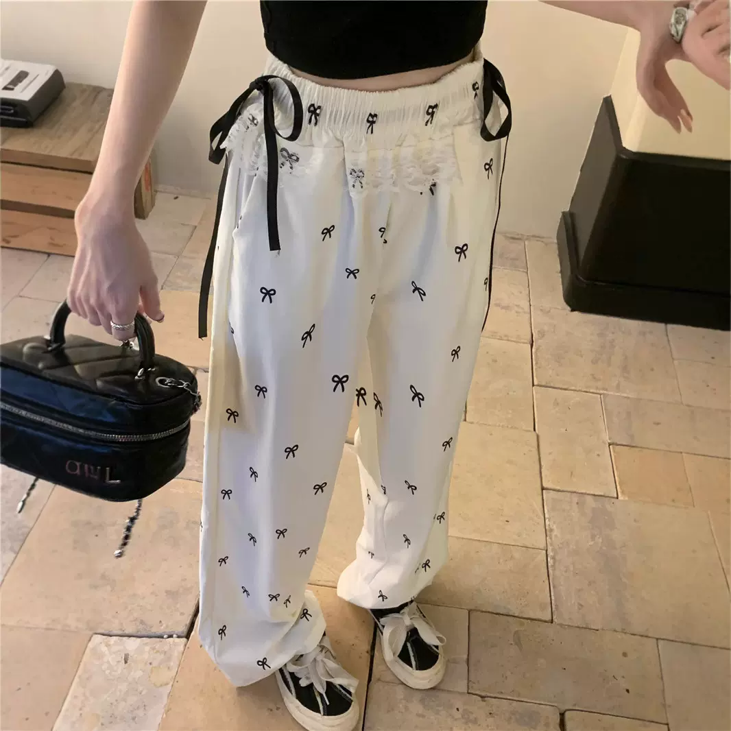 甜辣妹蝴蝶结蕾丝拼接休闲裤女秋季设计感宽松松紧腰阔腿裤直筒裤