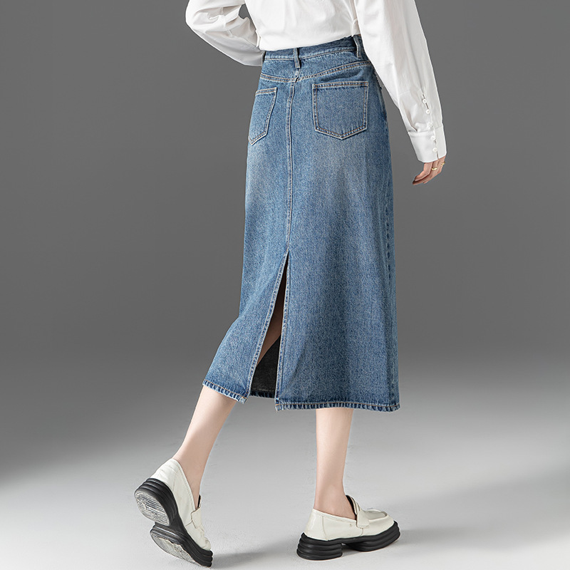 Chân váy denim lưng cao nữ dáng A xẻ tà — Màu xanh lam nhạt