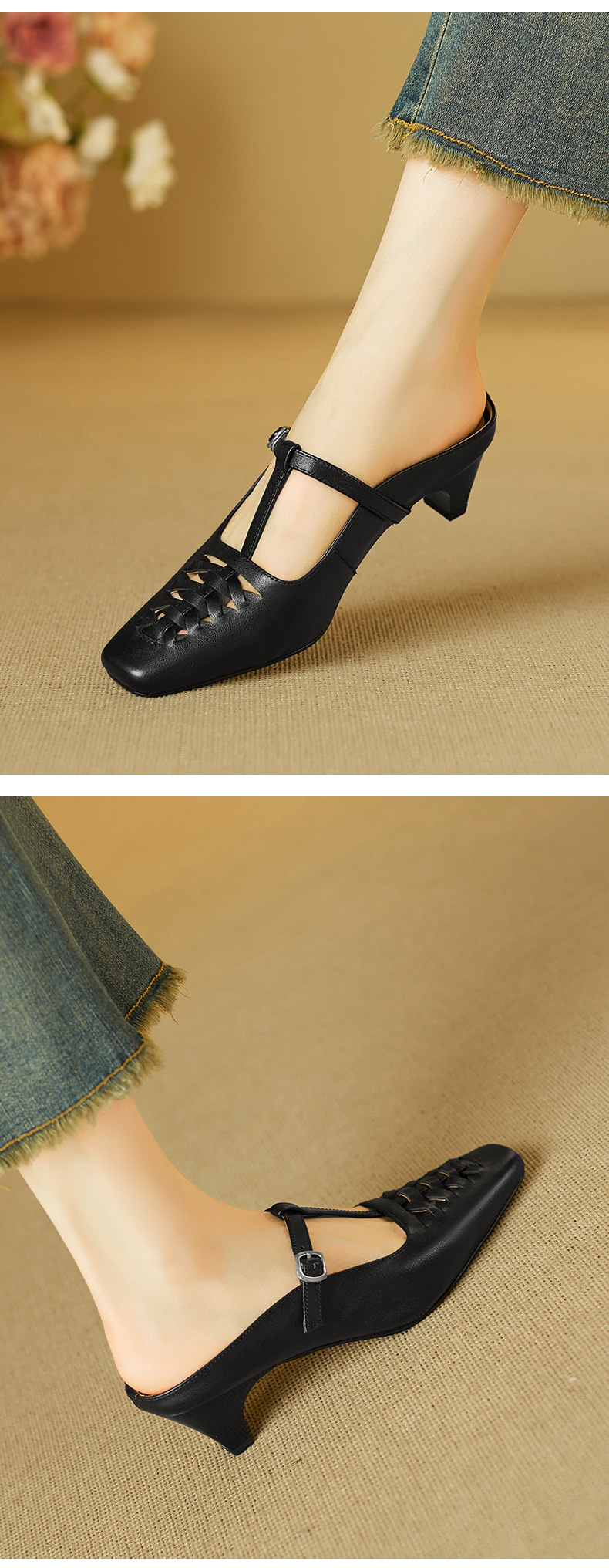 Sandal nữ gót thô 5 cm mũi vuông kiểu dệt vintage, quai chữ T bọc đầu — đen chi tiết 7
