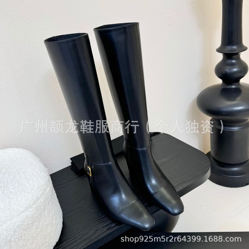 高端2025秋冬真皮英伦风复古粗高跟套筒显瘦不过膝长靴高筒骑士靴|undefined