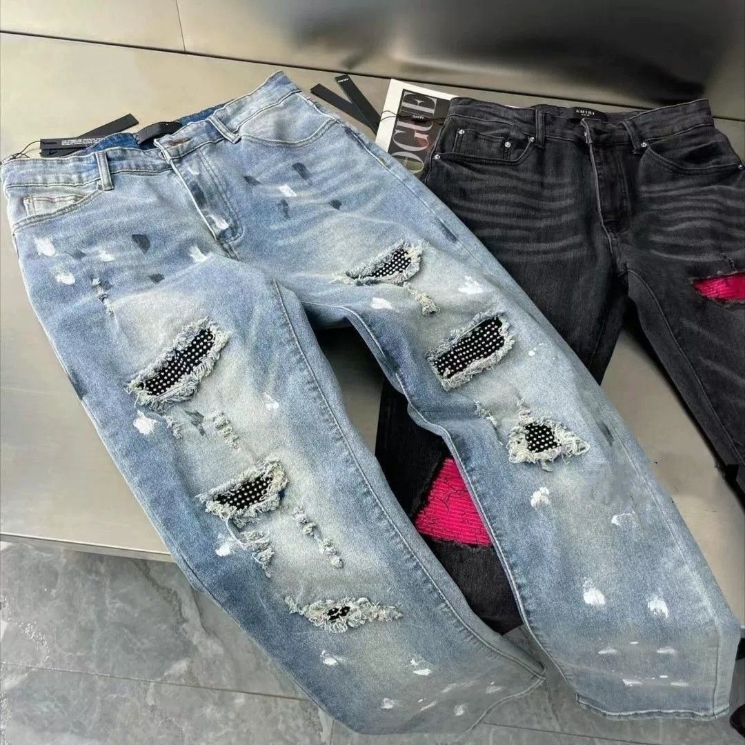 美式烫钻破洞牛仔裤男夏季网红新款补丁拼接泼墨直筒高街长裤子潮