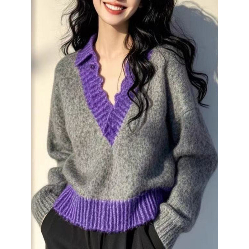 Corea del Sur usa suéter de cachemira de color contrastante para mujeres otoño e invierno engrosado diseño de viento perezoso sensación de cuello de tendencia personalidad jersey