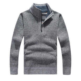 Foreign trade men's long sleeve casual stand collar half zipper solid color thick needle fleece-lined thick sweater men's warm knitted