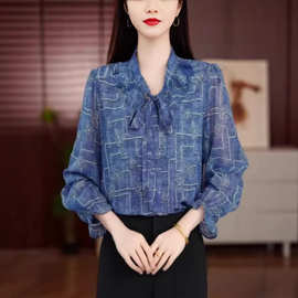 春季2026女装新款蓝色雪纺衫妈妈装时尚休闲飘带V领气质通勤上衣