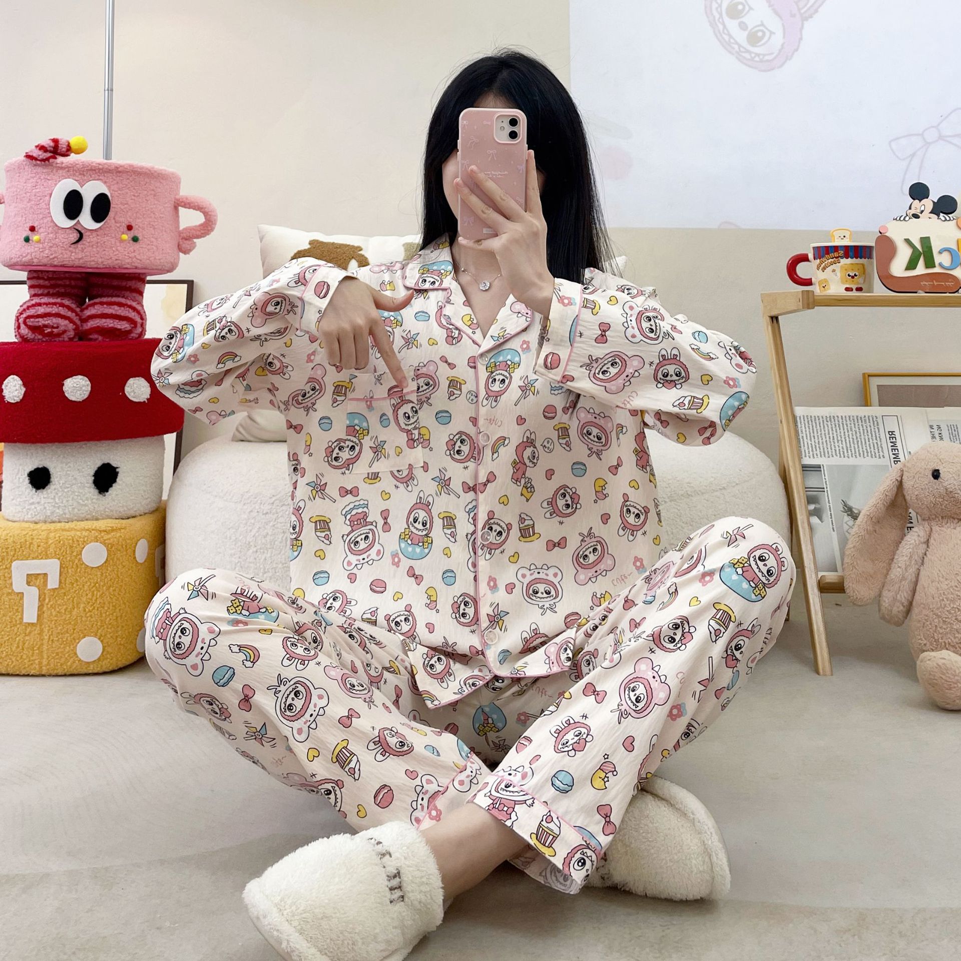 2025 primavera y otoño nubes algodón camiseta de manga larga pijama de mujer encantador dibujos animados en línea viento rojo set de ropa de casa