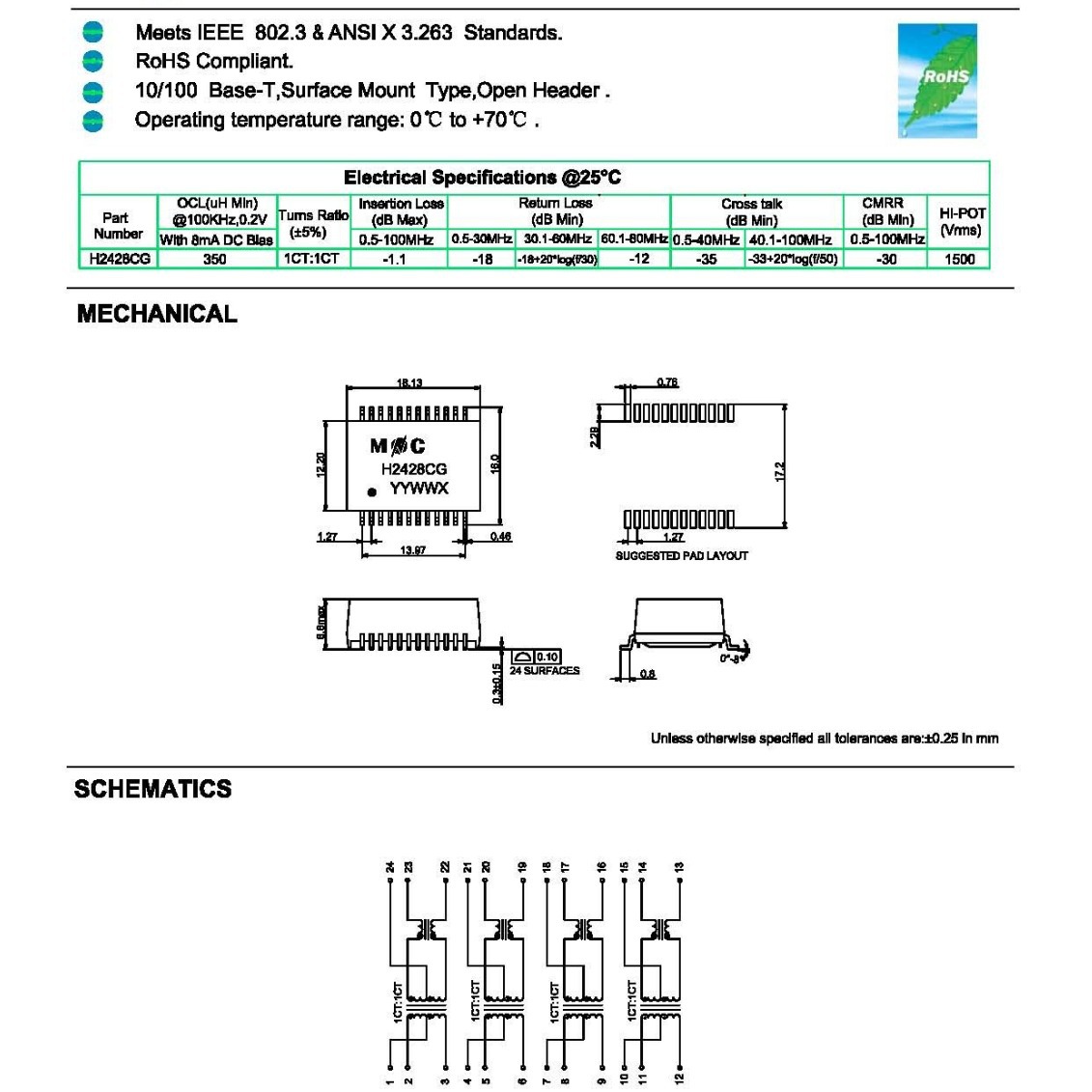 H2428CG 以太网络变压器LAN Transformers 10-100-Base-T