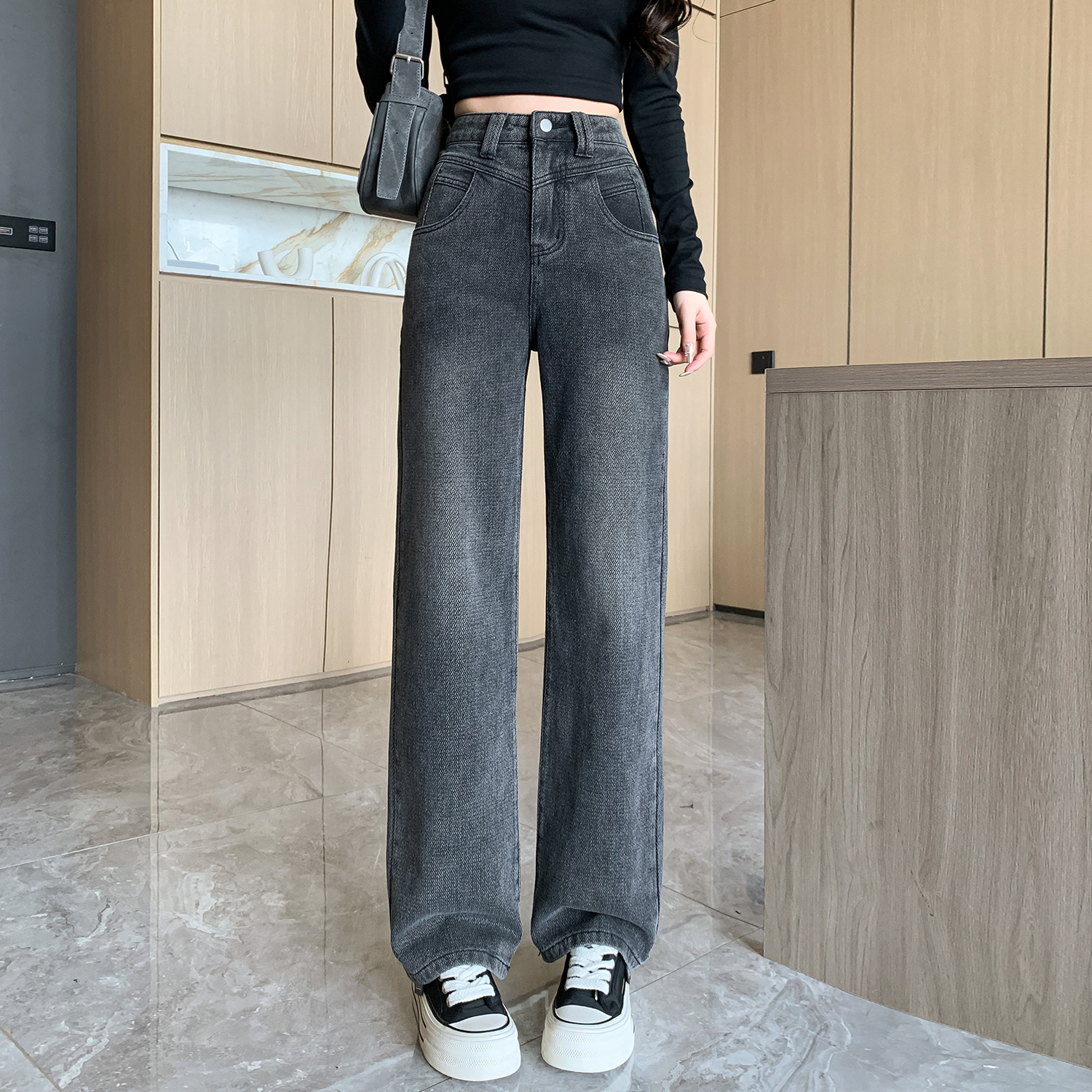 Real Shot of 2025 New Autum Starry Sky Pattern Versatile Front and Narrow Version Denim Wide Leg Pants for Women 145cm Petite