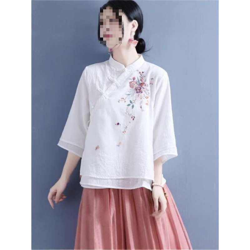 Chinese Retro Embroidered Cotton and Linen Shirt with Diagonal Collar, 2026 New Style with Traditional Buttons, Three-Quarter Length Top, Chinese-Style Stand Collar, Trendy Tea Wear Chinese Retro Embroidered Cotton and Linen Shirt with Diagonal Collar, 2026 New Style with Traditional Buttons, Three-Quarter Length Top, Chinese-Style Stand Collar, Trendy Tea Wear