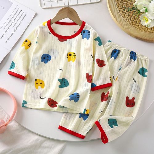 2024 spring new children's pajamas thin baby home clothes boys and girls three-quarter sleeve cartoon air-conditioned clothes suit