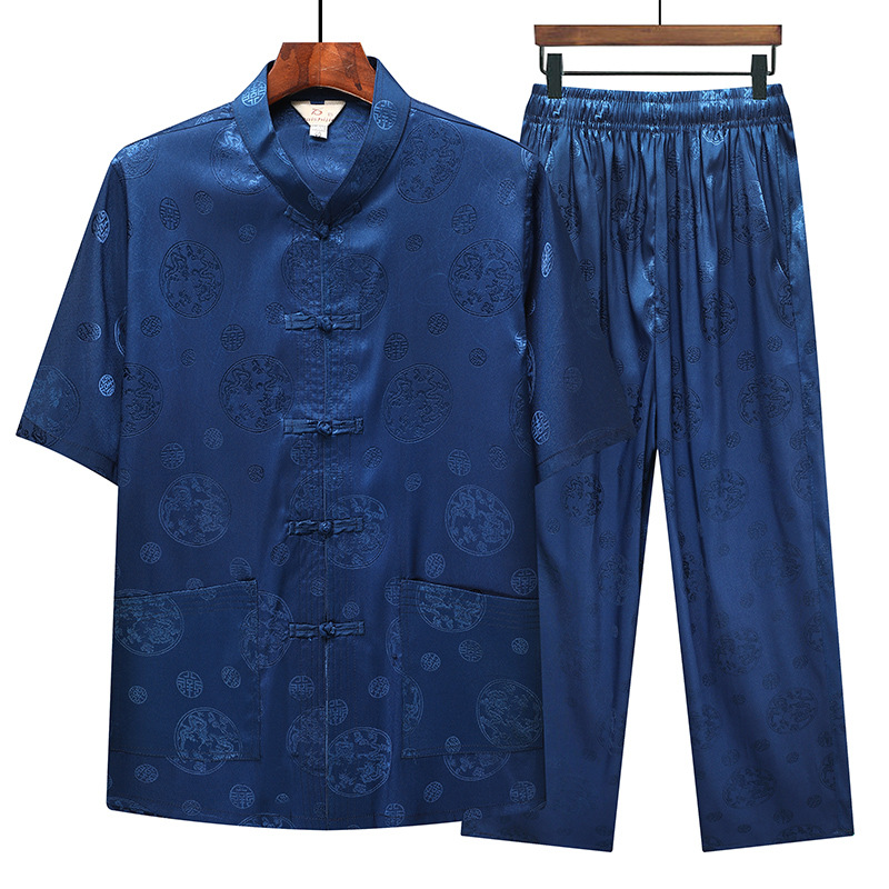 Luxury cotton and silk jacquard short-sleeved Tang suit set with dragon motif; trendy men's Tang suit for grandpas, perfect for summer morning exercises and Buddhist practice.