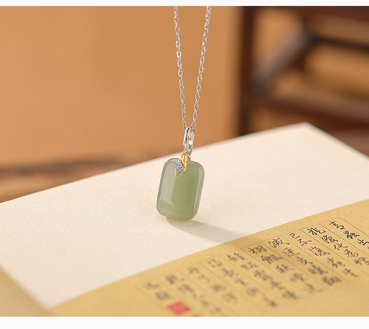 Mặt dây chuyền bạc S925 mạ vàng ngọc bích Hetian tự nhiên hình lá tre phong cách Trung Hoa — Mặt dây chuyền đơn mô hình vàng (không bao gồm dây chuyền) chi tiết 8