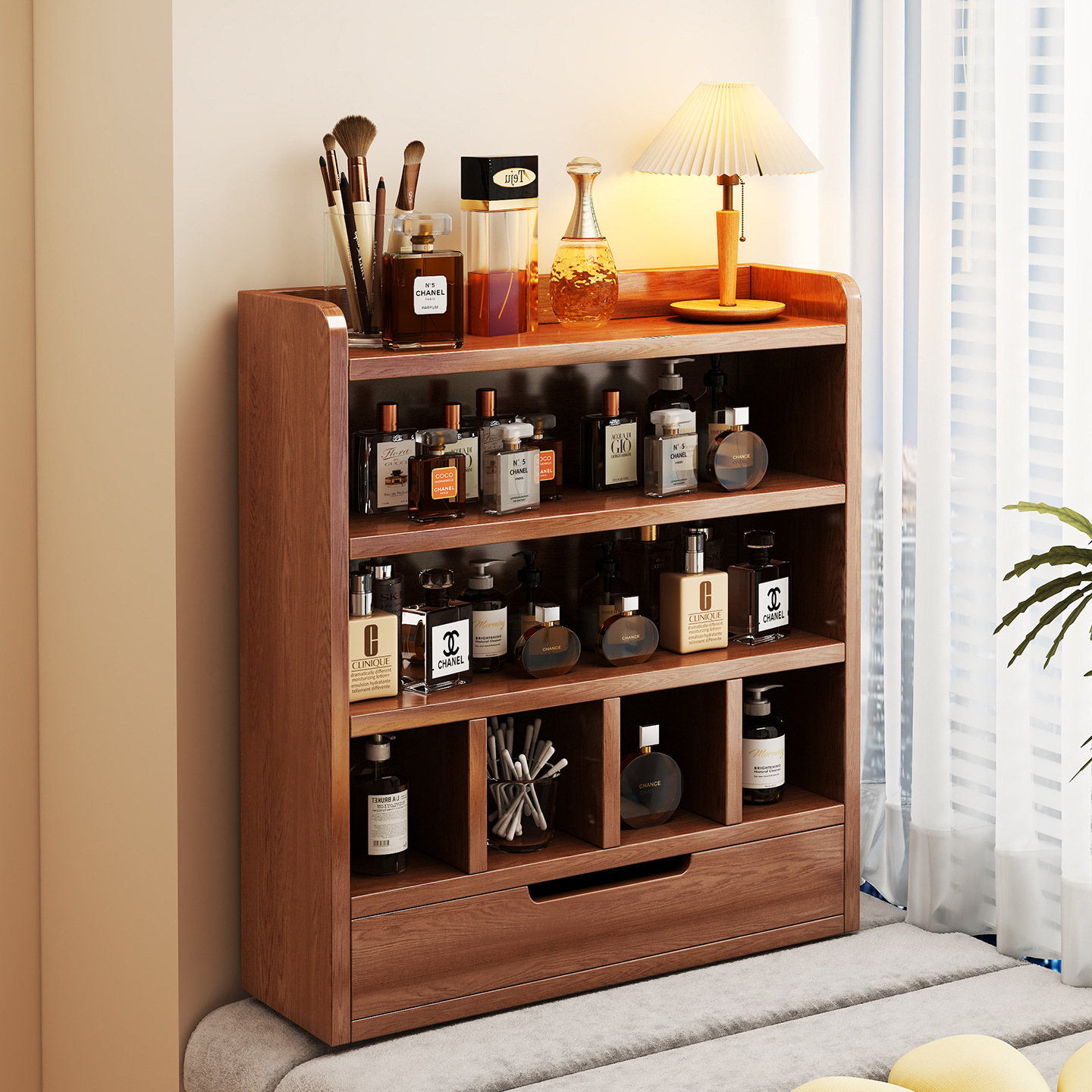 Estantes de madera sólida estantes de escritorio estantes de almacenamiento estilo medieval dormitorio contra la pared caja de almacenamiento de cosméticos gabinete de exhibición gabinete de almacenamiento