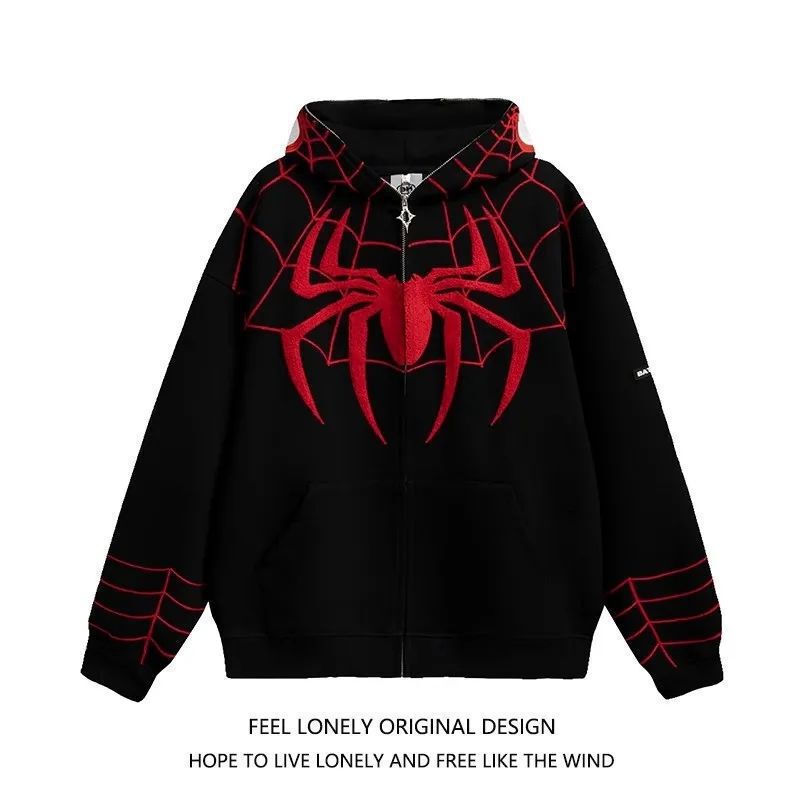 Plus-Size Chinese-Style Printed Spider Hooded Sweatshirt Jacket, Unisex Loose Oversized Couple's Cardigan Top, Versatile