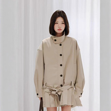 现货2025新款早秋气质穿搭收腰百褶短裙连衣裙复古立领风衣外套女